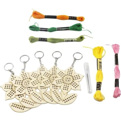 13MA 5pcs Sunflower Wooden Cross Stitch Embroidery Keychain Ring with Wool Thread DIY