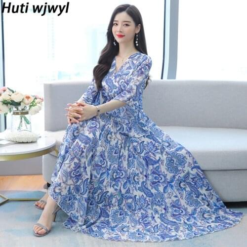 Plus Size Elegant Casual Midi Dress Spring Autumn Women Bodycon Party Vestidos 2021 Vintage Print Chiffon Boho Beach Maxi Dress