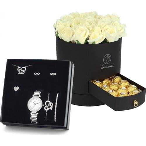 Forentina Çift Kalp Kolye Küpe Bileklik Saat Güllü Kutu Çikolata Hediye Set PS1907