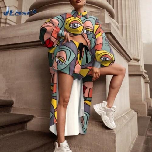 Comic Face Print Long Shirt And Lace-up Shorts Two-pieces Suit Spring Long-sleeved Top Tracksuit For Women 2XL Plus Size Outfits