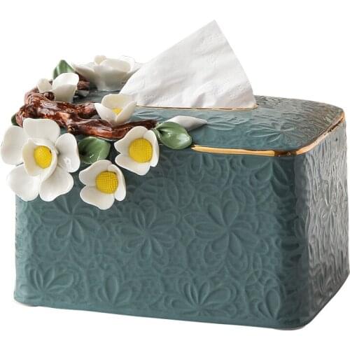 Creative Ceramic Tissue Box Embossed Flower Branch Storage Home Office Study Desktop Drawer Modern Living Room Home Decoration