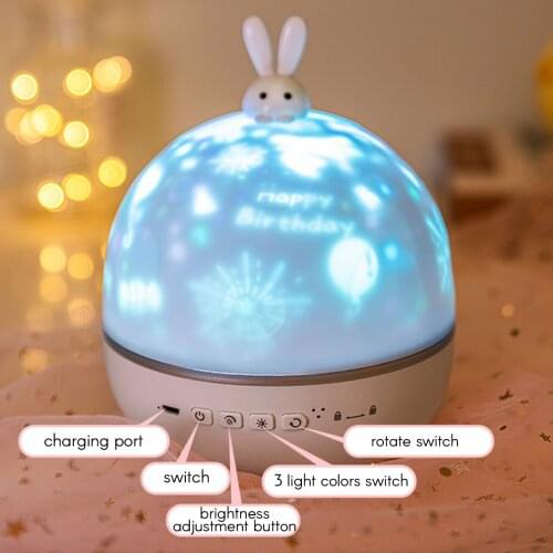 Rabbit Projector Lamp with 8 Landscape Films Night Light for Kids Baby Bedroom Decoration Rotatable Rechargeable Night Lamp