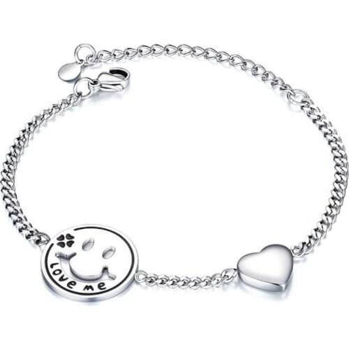 Stainless Steel Minimalism Smiley Cute Clever Ladies Bracelet Bangle Jewelry Women Fashion Delicate Gift For Him with Chain