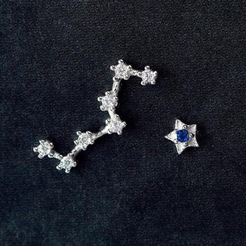 Fashion Double Asymmetric Stud Earrings Cute Female Small Blue Star Earrings Real 925 Sterling Silver Wedding Earrings For Women