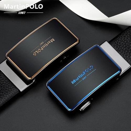 MARTINPOLO Mens Business Pants Belt Brand Genuine Leather Blue Buckle Automatic Buckle Top Layer Cowhide Belt Pure MP05304P