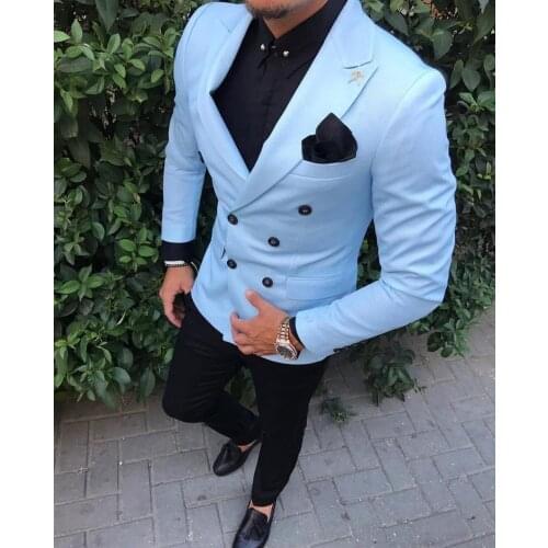 2021 Tailored Men Coat Pant Casual Double Breasted Men Slim Fit Suit Sky Blue Tuxedo Groom Blazer Wedding Suit Terno Masculino