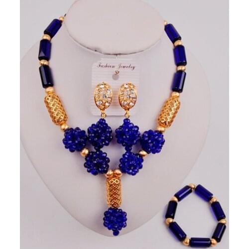 Latest Royal Blue African Necklace Nigerian Traditional Wedding Set African Beads Jewelry Set for Women ZQ3-04