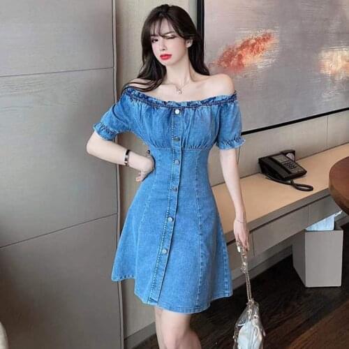 New Arrival Fashion Summer Korean Style Skinny Mini Dress Ladies Casual Sexy Off-Shoulder Short Sleeve Retro Ruffle Denim Dress