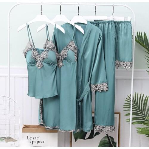 2020 Womens Silk Satin Pajamas Sets Strap Sleepwear 5 Pieces Sets Female Lace Lounge Pyjama with Chest Pads Homewear Pajamas Set