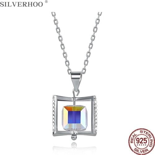 SILVERHOO 925 Sterling Silver Rotatable Necklace Women Twinkle Austria Crystal With Cubic Zircon Pendant Anniversarys Day Gift