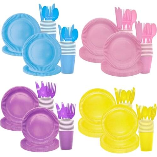 Pink Blue Yellow Pueple Solid Color Paper Plates Cups Spoons Knives Forks Birthday Party Supplies for Kids Wedding Decorations