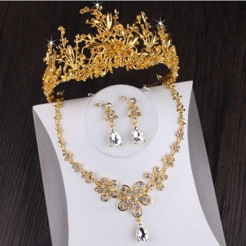 Baroque Vintage Gold Crystal Leaf Bridal Jewelry Set Rhinestone Tiaras Crown Necklace Earring Wedding African Beads Jewelry Sets