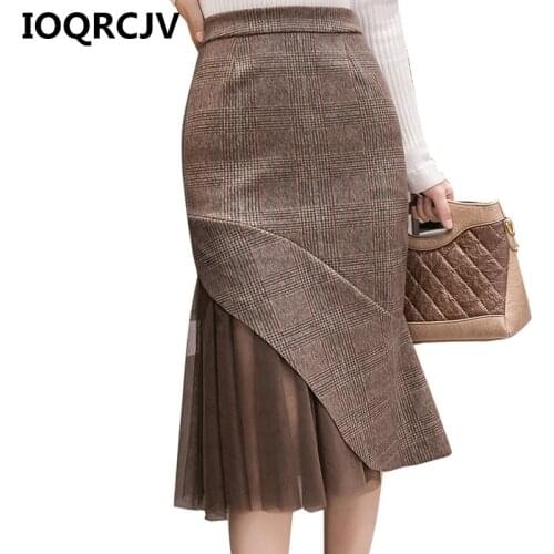 Women Mesh Stitch Plaid Skirt Female 2019 Spring New Korean High Waist Casual Mermaid Skirt Bodycon Slim Elegant Long Skirt R476