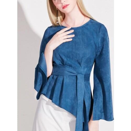 Spring Fall Fashion Women Elegant Wine Red Balck Blue Suede Shirt Blouse , Women Bow Flare Long Sleeve Irregular Ruffles Blouses