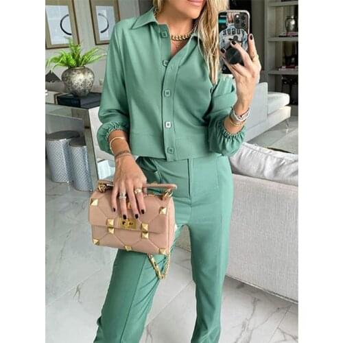Women Elegant Two Pieces Sets Casual Solid Ladies Tracksuits Turn Down Collar Single Breasted Shirts And Slim Long Pants Suits