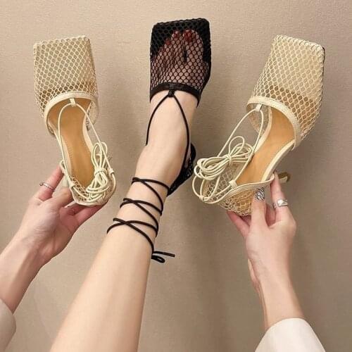 2021 New Pumps Women Sandals Women Shoes Design Spring Summer New Style Square Toe Lace Mesh Cross Strap High Heel Sandal Women