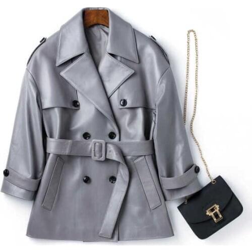 Genuine Leather Jacket Women Bouble Breasted 100% Real Sheepskin Sheep Runway Designer Luxury Trench Jacket Outerwear Coat