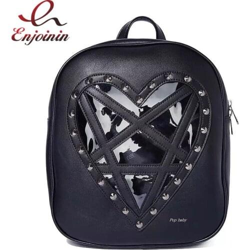 Harajuku Goth Heart Shaped Backpack Women Studded Shoulder Bag School Bag Punk Studded Black Travel Bag Girls 2021 Leather Rivet