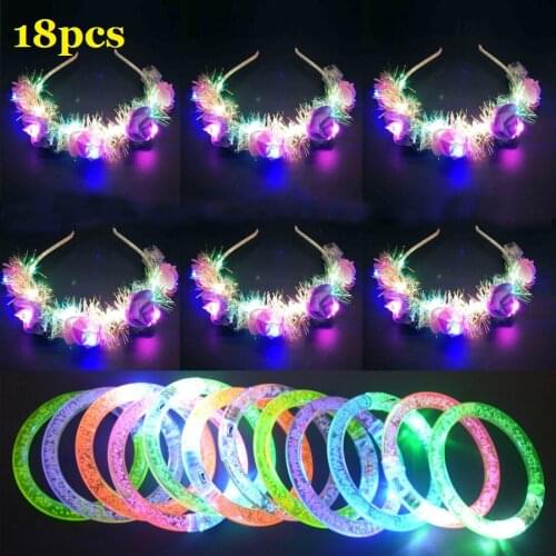 18 pcs Bracelet and 6pcs Flower Wreath, LED Light Up Birthday Wedding Party Favors Glow in the Dark Baby Shower Girls Women