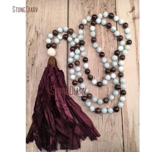 40 inch Long 108 Mala Beads Aquamarines and Garnet Hand Knotted Beads Silk Sari Tassel Bohemian Jewelry NM11115
