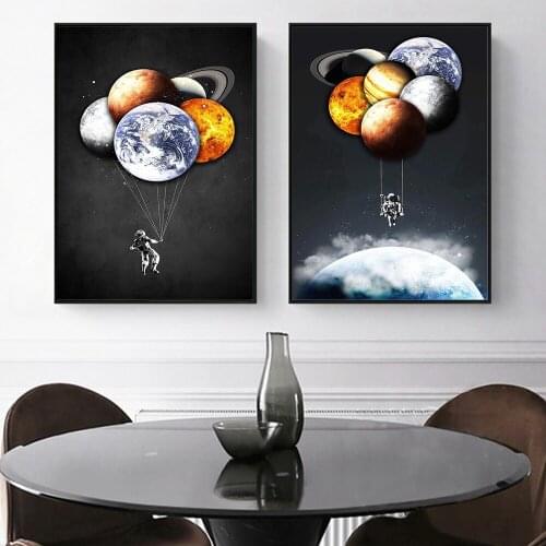 Astronaut Holding Creative Eight Planetary Balloon In The Universe Looking At The Earth Sci-Fi Poster Home Art Deco Painting