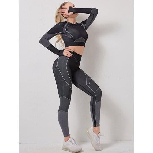 Seamless Yoga Set Long Sleeve Shirts and Leggings Jogging Women Gym 2 piece Set Clothes + High Waist Energy Seamless Leggings