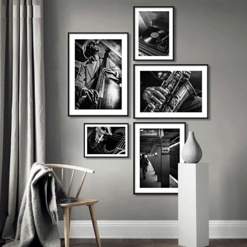 Black And White Wall Art Poster Print Guitar Jazz Music Portrait Canvas Painting Wall Pictures For Living Room Home Decor TB127