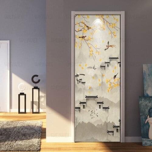Door Sticker Hand-painted Flower Birds Wallpaper PVC Waterproof Self-adhesive Living Room Bedroom Door Decor 3D Detachable Mural