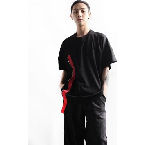 Summer casual mens T-shirt fashion versatile Red Ribbon zipper short sleeve T-shirt loose large size top