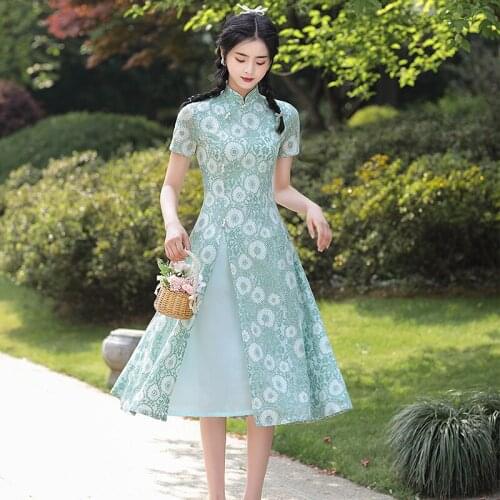 FZSLCYIYI Sexy Short Sleeve Emberidery Chiffon Aodai Qipao Chinese Traditional Mandarin Collar Split Cheongsam Oversize 4XL