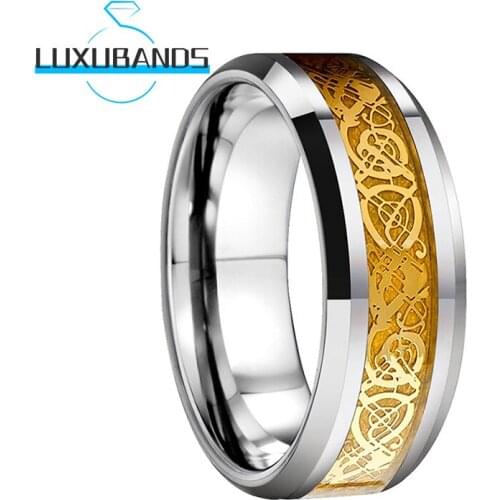 Tungsten Carbide Ring For Men Women 8MM Beveled Edges Gold Wood Dragon Inlay Polished Finish Comfort Fit