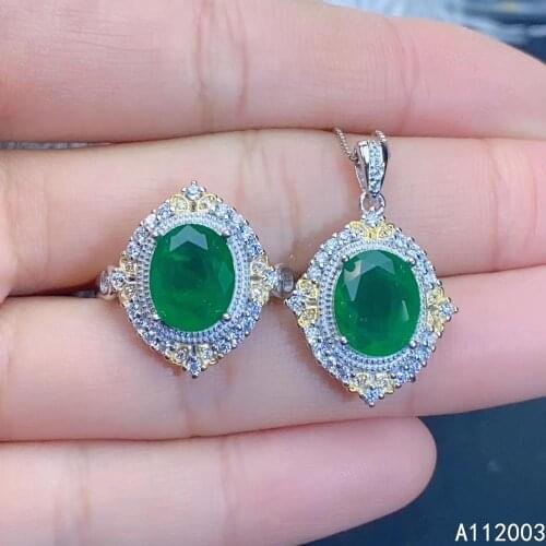 KJJEAXCMY Fine Jewelry 925 sterling silver inlaid natural Emerald female ring pendant set fashion Support detection