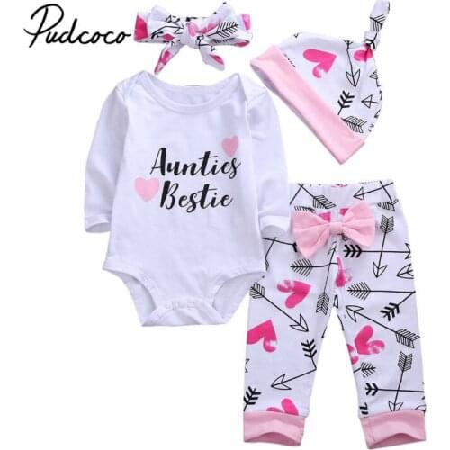 Toddler Girls Clothing Sets 2020 Spring Children Clothes Bodysuit+Arrow Prints Pants+Hats+Headband Outfits Kids Girls Suit 4Pcs
