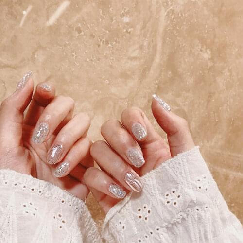 Beautiful shining sliver colored glaze false nails with water ripple pattern Bride full nail tips middle-long Starry sky theme