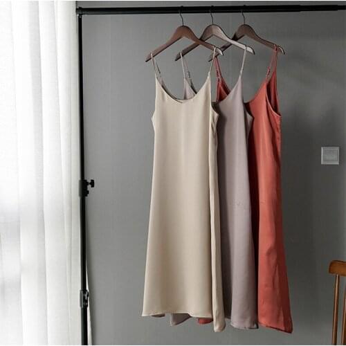 Summer WOMEN Sleeveless Solid Casual Knee-Length V-Neck Spaghetti Strap Home Casual Dresses