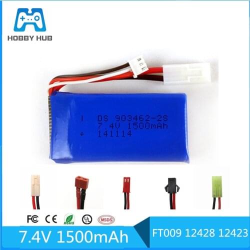 7.4V 1500mAh Lipo battery For Wltoys 144001 12428 car battery for FT009 RC Boat speedboat battery 7.4 V 1500 mah JST/SM/T PLUG