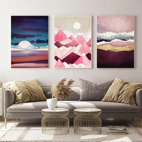 Nordic Morandi Colors Poster Wall Art Print Canvas Painting Abstract Sun Mountains Pictures for Girly Bedroom and Home Decor