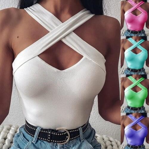 New hot Women Sexy Backless Strappy Cross Over Front Cut Out Vest Bandage Shirt Tank Top Bra Short Tops Halterneck Backless Tops