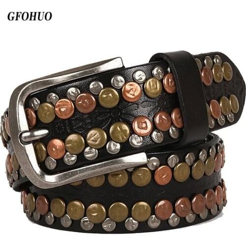 Punk Style Women Belt Rivet Genuine Cowskin Leather Belt Ladies Men Vintage Cowboy Belts Steel Pin Buckle Waistband