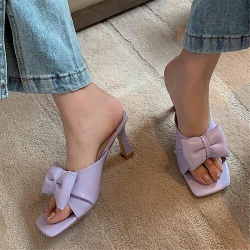 PXELENA Korean Fairy Butterfly-knot Slides Women High Heels Genuine Leather Slip On 2021 Summer Modern Party Date Slippers Shoes