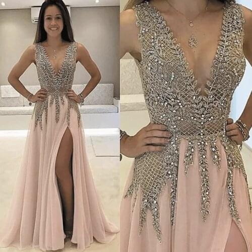 SuperKimJo Elegantes De Gala V Neck Beaded Prom Dresses Long Pink Sleeveless Tulle Prom Gown Vestidos De Fiesta De Noche