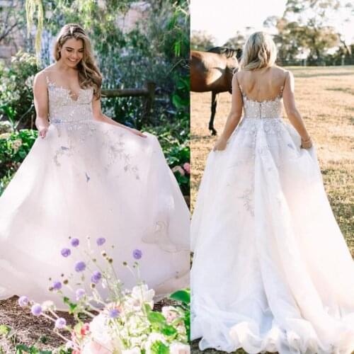 2019 New Wedding Dresses V-Neck Backless A-Line Bridal Gowns Lace Appliques Wedding Dress Vestido De Novia