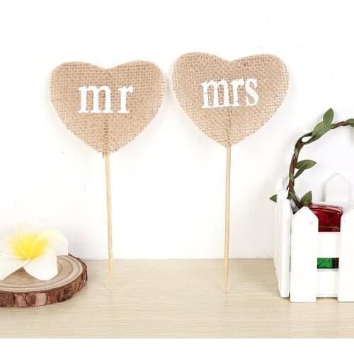 Vintage Jute Burlap Fabric Mr Mrs Wedding Party Cake Topper Heart Craft Rustic Hessian Wedding Cake Topper Decorations Supplies