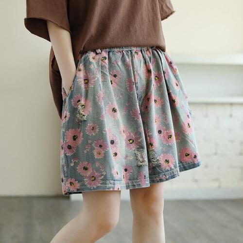 Retro Hole Denim Shorts Female Summer Loose Big Size Versatile Fashion Print Casual Wide Leg Pants 2020 Summer Short Jeans R489