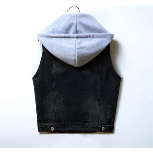 Denim Vest Women Short Hooded Detachable Slim Sleeveless Jacket High Street Single Breasted Fashion Black Waistcoat Plus Size
