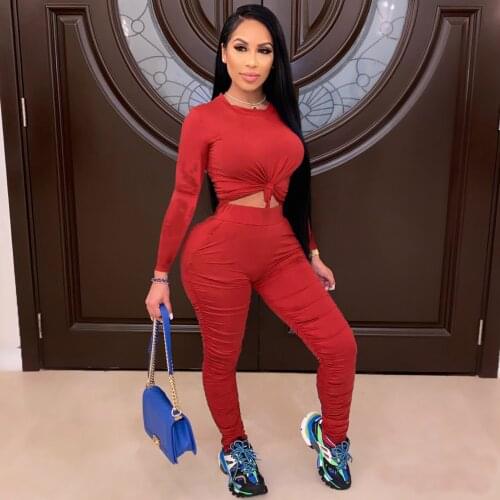 Autumn Solid Two Pieces Running Sets Women Sportswear Long Sleeve O Neck Top High Waist Pleated Trousers Female Workout Set