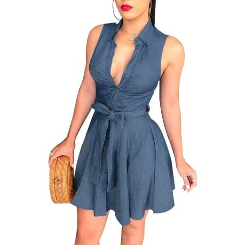 Women Sleeveless Denim Deep V Dress Women Summer Mini Blue Dress Belted Party Short Mini Dress Summer Clothes