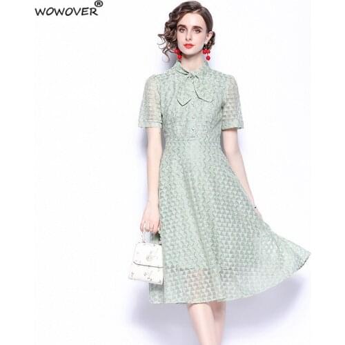 Elegant Lady Short Sleeve Summer Bow Collar Hollow Green Lace Dress Party Celebrity Robe Women Knee Length Female Vestidos