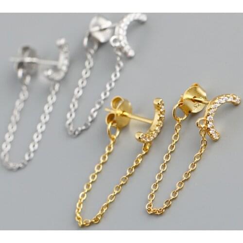 1Pair Piercing 925 Sterling Silver Earrings for Women 2021 Jewelry Fashion Moon Shaped Inlaid Zircon Chain Earrings Wholesale