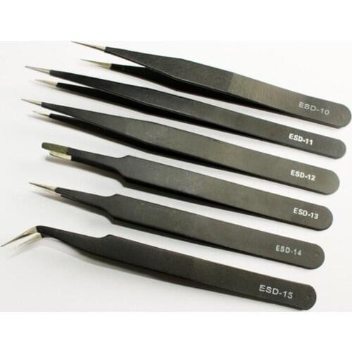 1pc Anti-static Stainless Steel Tweezers Straight Pointed / Straight Curved Black Metal Tweezers Birds Nest Picking Clip Tool